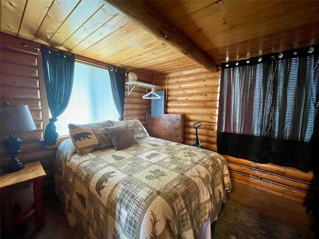 bedroom featuring beamed ceiling, rustic walls, and wood ceiling