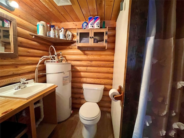 full bath with toilet, water heater, wood finished floors, rustic walls, and wood ceiling