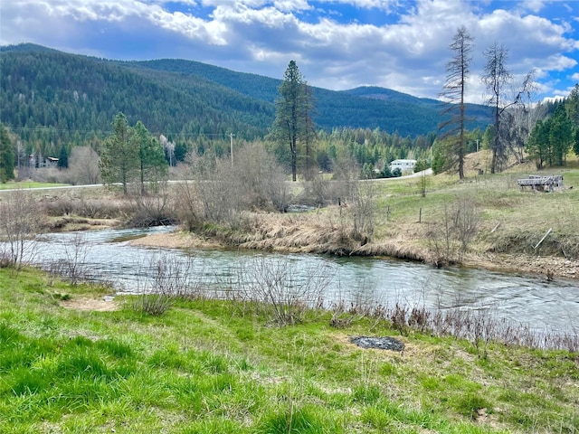 property view of water featuring a view of trees and a mountain view
