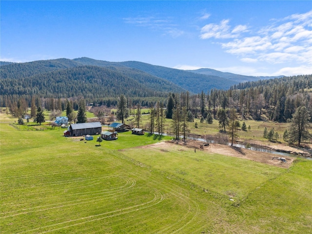 aerial view featuring a rural view, a water and mountain view, and a forest view
