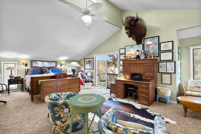 bedroom with carpet floors, access to outside, ceiling fan, and lofted ceiling