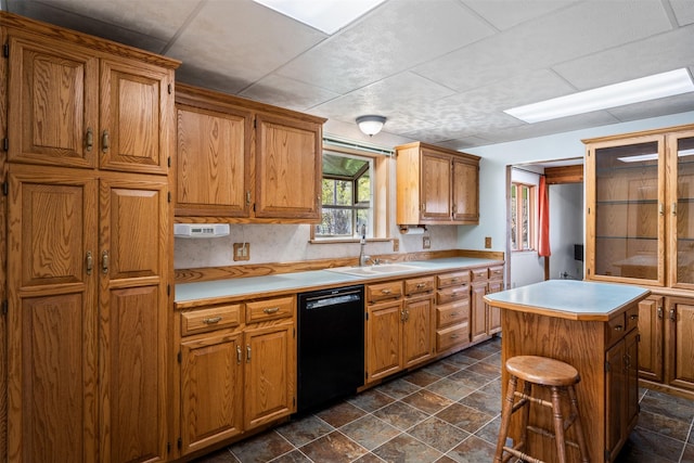226 S Davis St, Missoula, MT 59801 - kitchen featuring black dishwasher, dark stone finish floors, light countertops, and brown cabinetry