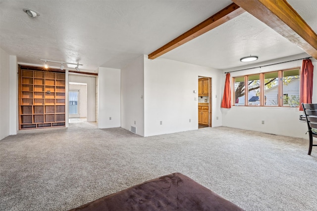 226 S Davis St, Missoula, MT 59801 - unfurnished living room featuring carpet floors, beamed ceiling, a textured ceiling, and track lighting