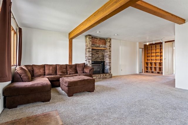 226 S Davis St, Missoula, MT 59801 - carpeted living area featuring a brick fireplace and beam ceiling