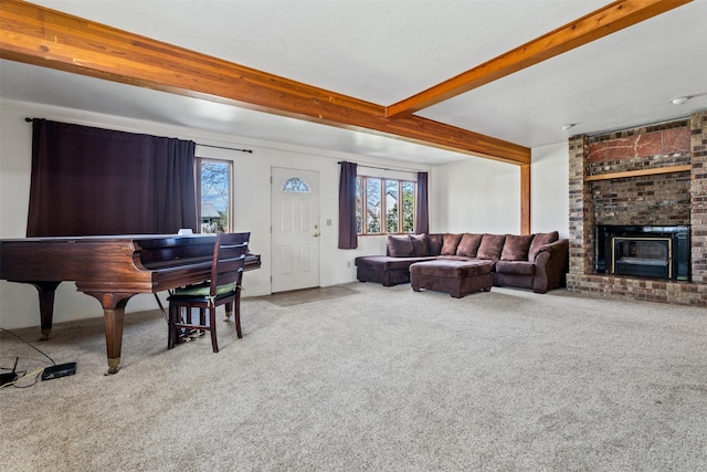 226 S Davis St, Missoula, MT 59801 - carpeted living room with beamed ceiling and a fireplace