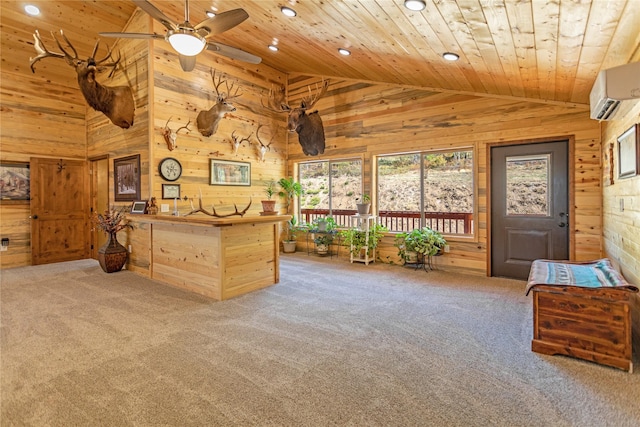 office with wood walls, lofted ceiling, carpet flooring, and wooden ceiling
