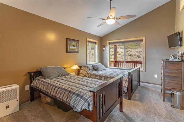 bedroom with a ceiling fan, baseboards, access to outside, carpet flooring, and vaulted ceiling