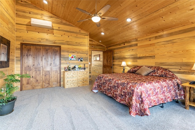 carpeted bedroom featuring wooden walls, ceiling fan, high vaulted ceiling, recessed lighting, and wooden ceiling