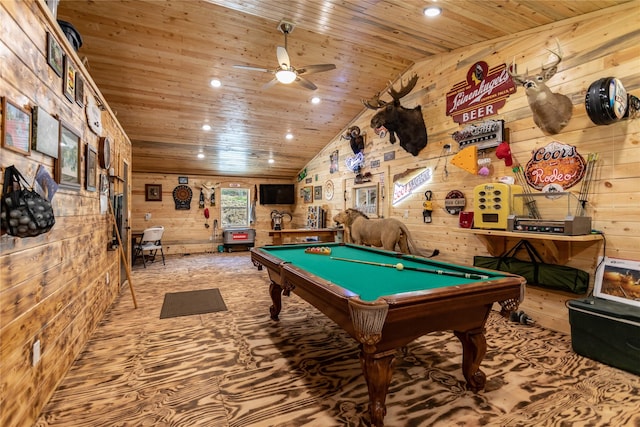 recreation room featuring recessed lighting, wood ceiling, wood walls, and pool table