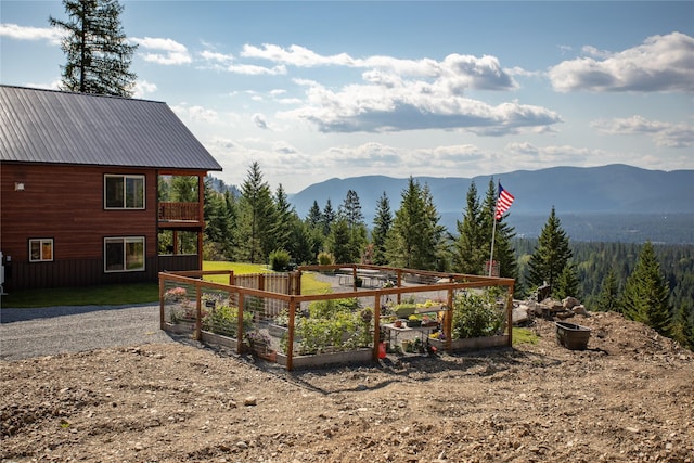 view of yard with a mountain view, a garden, and a wooded view
