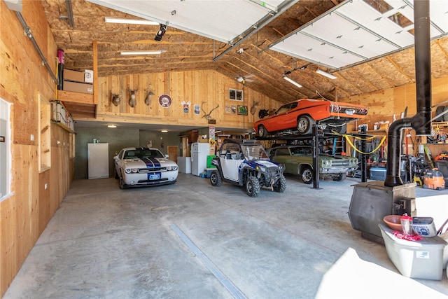 garage with wooden walls