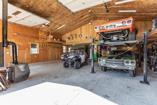 garage with wooden walls
