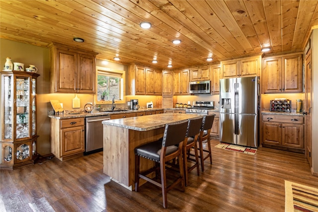 kitchen featuring dark wood-type flooring, a sink, wooden ceiling, and stainless steel appliances