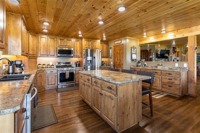 kitchen featuring a kitchen island, a kitchen breakfast bar, wood ceiling, a sink, and appliances with stainless steel finishes