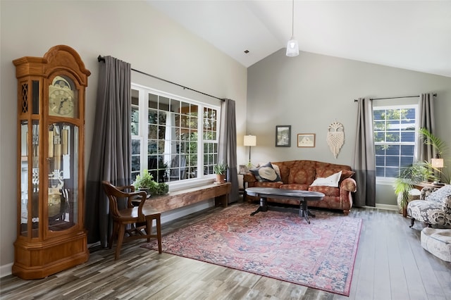 living area featuring baseboards, high vaulted ceiling, and wood finished floors