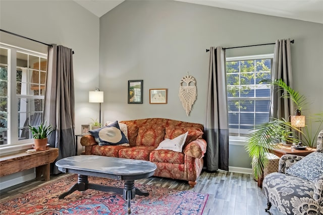 living area featuring wood finished floors, baseboards, and lofted ceiling