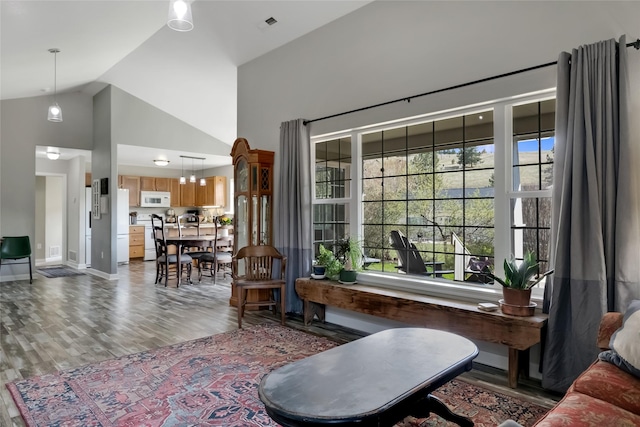 living area featuring baseboards, high vaulted ceiling, and wood finished floors