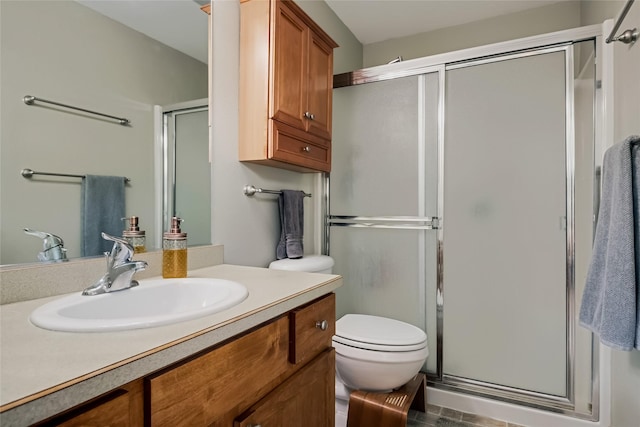 bathroom with toilet, a shower stall, and vanity