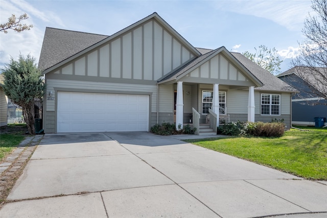 view of front of property featuring board and batten siding, an attached garage, concrete driveway, and roof with shingles