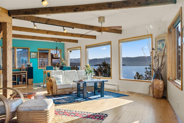 interior space featuring beamed ceiling, a mountain view, hardwood / wood-style flooring, and plenty of natural light