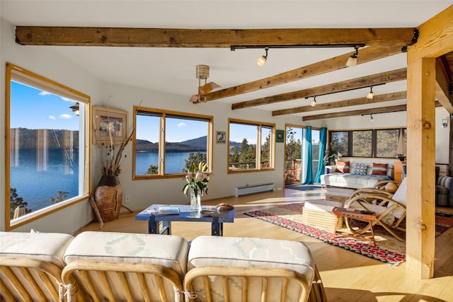 sunroom featuring plenty of natural light, a baseboard radiator, rail lighting, and beam ceiling
