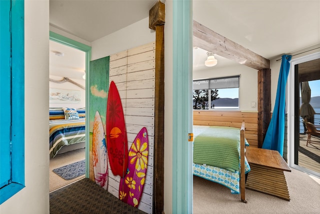 room details featuring wooden walls and carpet