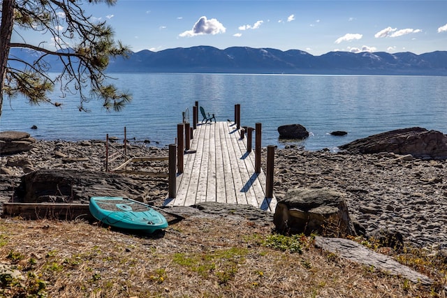 exterior space featuring a boat dock and a mountain view