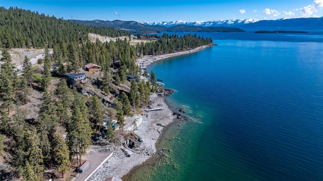 aerial view with a forest view and a water and mountain view