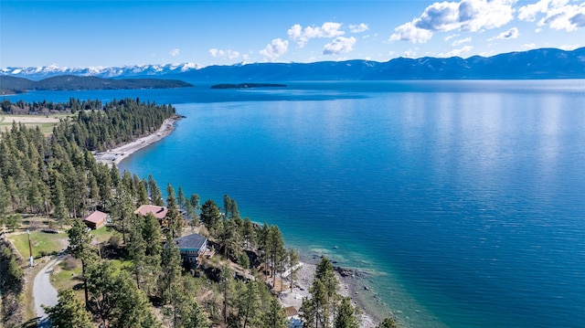 drone / aerial view with a water and mountain view