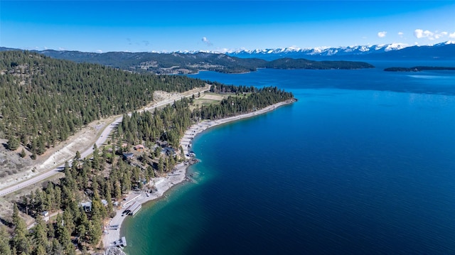 aerial view with a view of trees and a water and mountain view