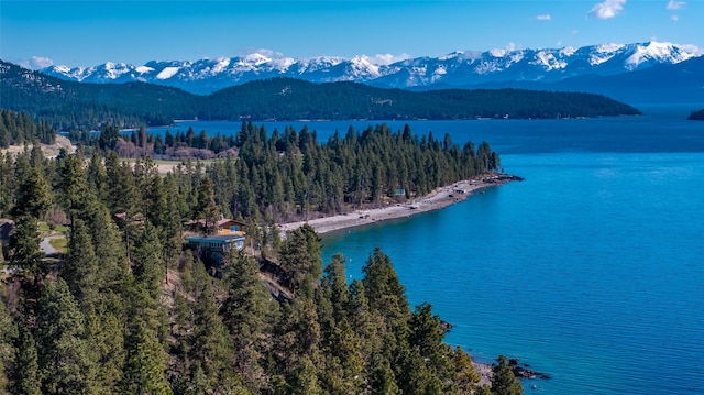 drone / aerial view with a water and mountain view and a wooded view