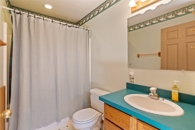 19720 Leo Hansen Rd, Florence, MT 59833 - full bathroom with recessed lighting, vanity, toilet, and shower / bath combination with curtain