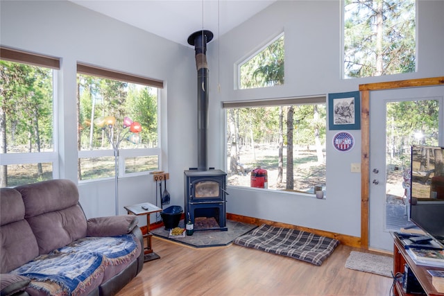 living room featuring a wood stove, wood finished floors, and a wealth of natural light