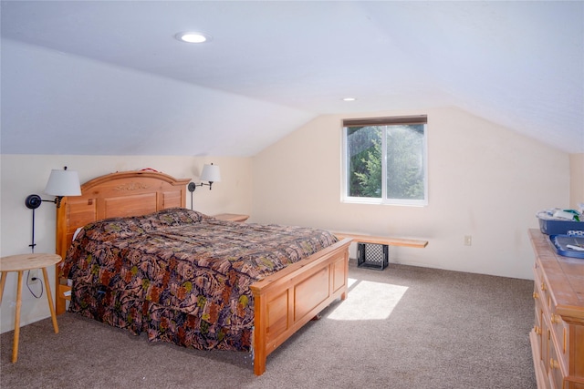bedroom with recessed lighting, light carpet, and lofted ceiling