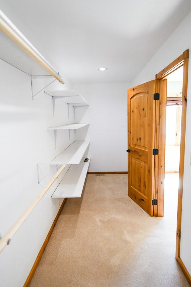 walk in closet with light colored carpet