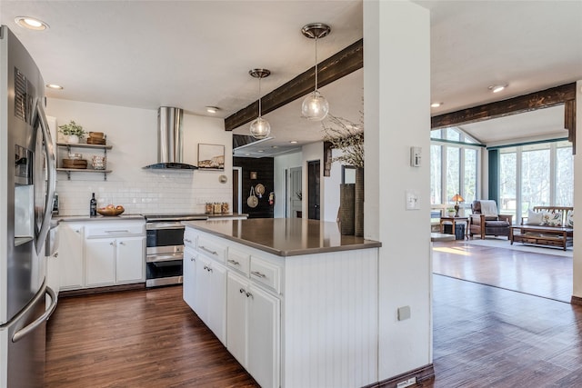 kitchen with wall chimney range hood, appliances with stainless steel finishes, open shelves, beam ceiling, and dark wood-style floors