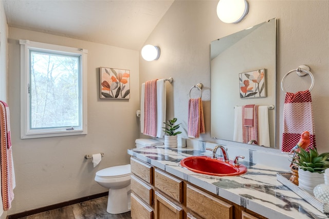 bathroom featuring vanity, vaulted ceiling, toilet, and wood finished floors