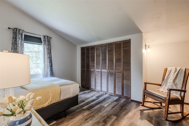 bedroom featuring baseboards, wood finished floors, vaulted ceiling, and a closet