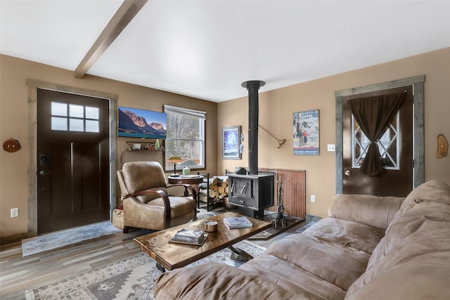 17 S Main St, Neihart, MT 59465 - living area featuring a wood stove, wood finished floors, and a healthy amount of sunlight