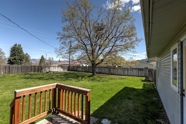 view of yard with a fenced backyard and a wooden deck