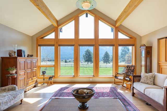 34051 Ridge Rd, Polson, MT 59860 - living room with light wood-style floors, a wealth of natural light, and beamed ceiling
