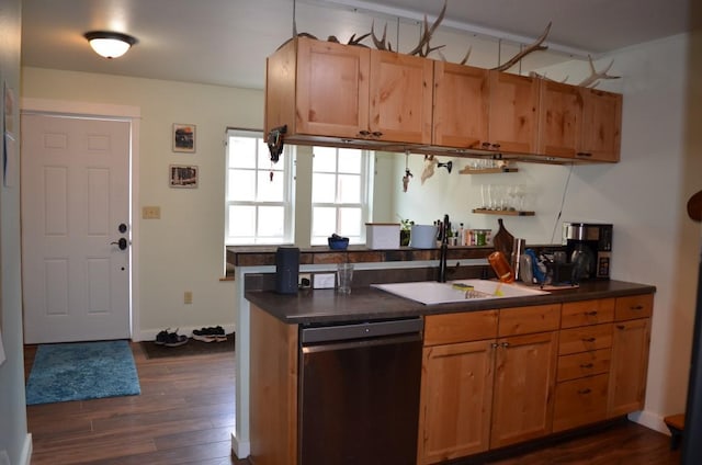 kitchen with stainless steel dishwasher, dark countertops, dark wood-style floors, brown cabinets, and a sink
