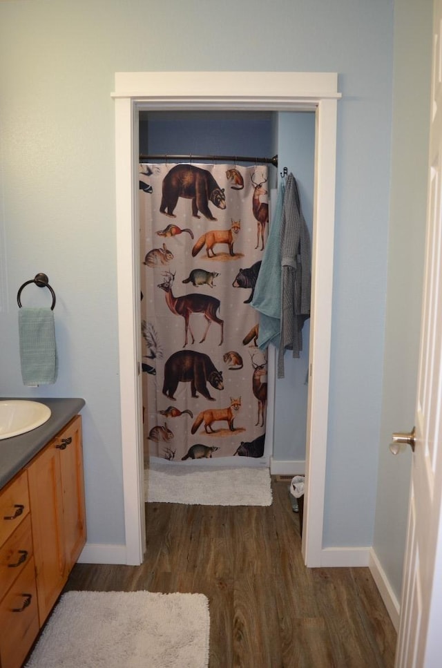 full bath featuring baseboards, wood finished floors, and vanity