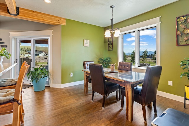 dining area with recessed lighting, baseboards, a chandelier, and dark wood finished floors