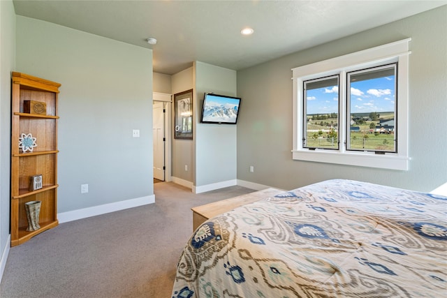 bedroom featuring baseboards, carpet flooring, and recessed lighting