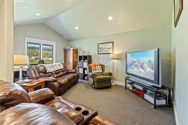 carpeted living room featuring baseboards, recessed lighting, a textured ceiling, and vaulted ceiling