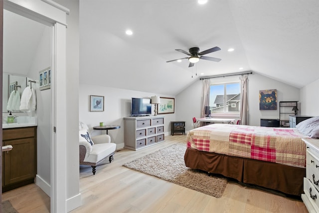 bedroom with recessed lighting, a ceiling fan, vaulted ceiling, and light wood-style flooring