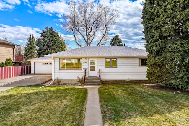 416 Riverview Dr E, Great Falls, MT 59404 - view of front of house featuring a front yard, a garage, fence, concrete driveway, and a shingled roof