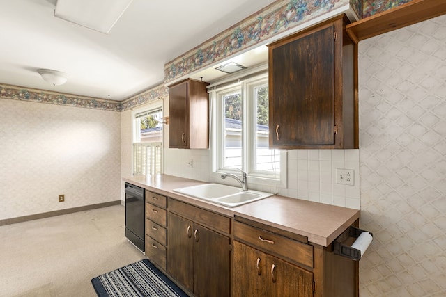 416 Riverview Dr E, Great Falls, MT 59404 - kitchen featuring light carpet, a sink, dishwasher, light countertops, and wallpapered walls