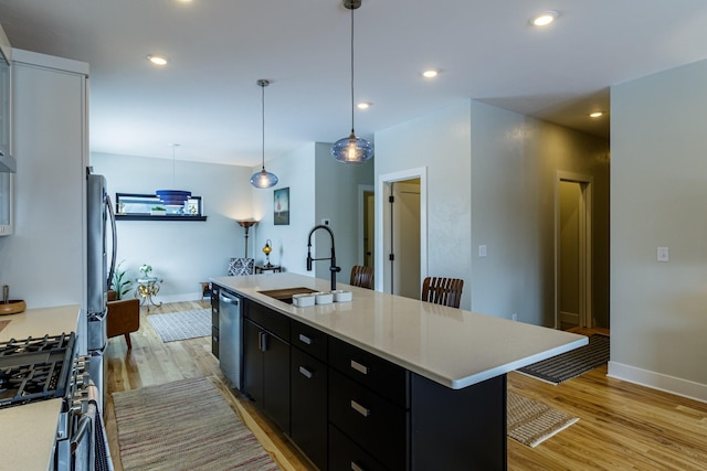 kitchen with a sink, dark cabinets, light wood finished floors, and appliances with stainless steel finishes